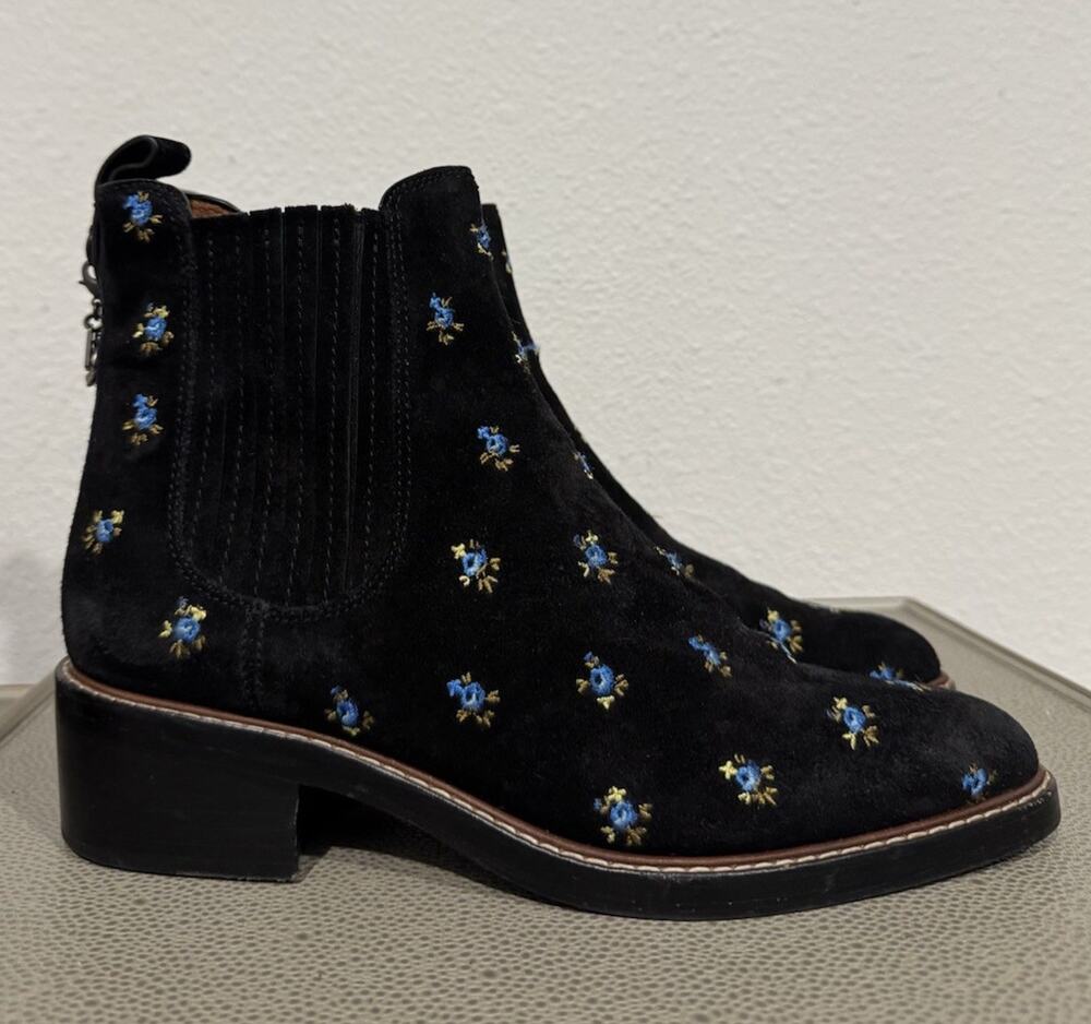 Coach Bowery Black Suede Floral Embroidery Chelsea Ankle Boots Booties Size 8.5